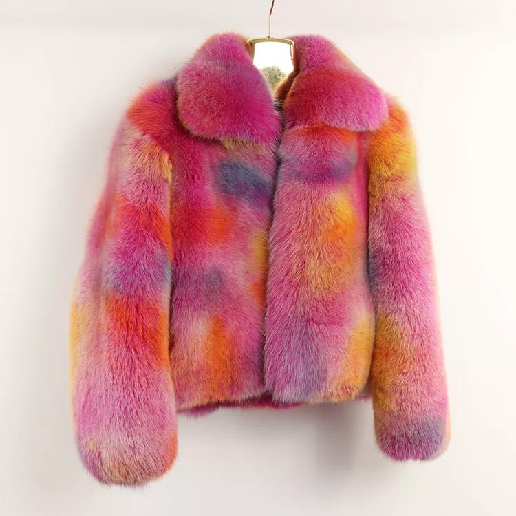 Rainbow Gradient Fox Fur Coat