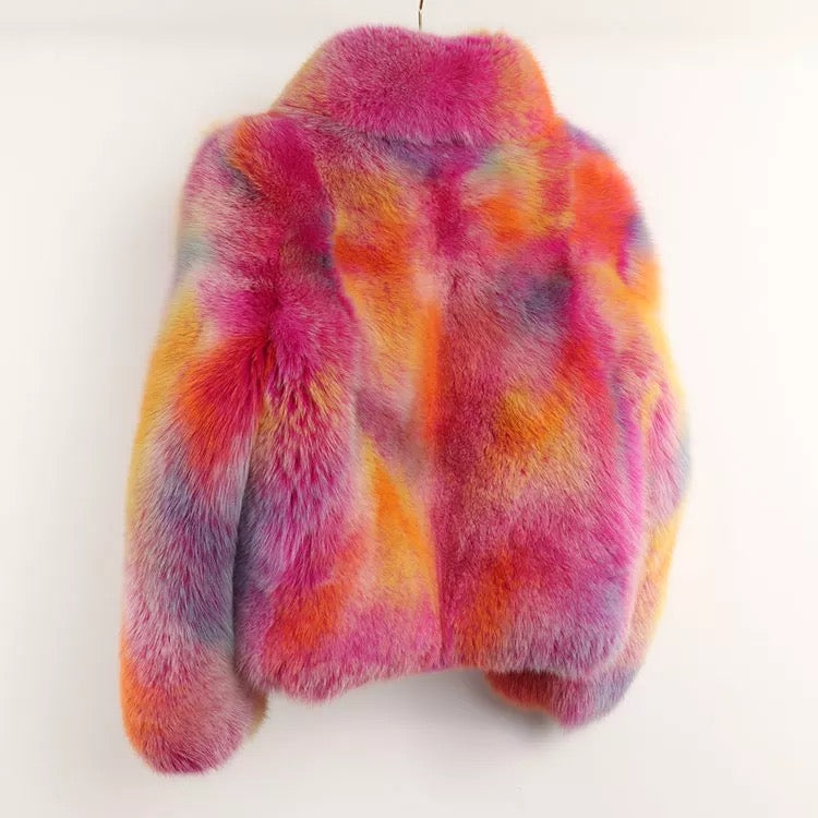 Rainbow Gradient Fox Fur Coat