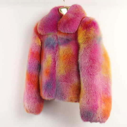 Rainbow Gradient Fox Fur Coat